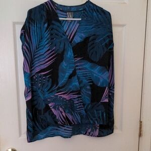 Worthington Black Wrap Blouse with Artistic Palm Design